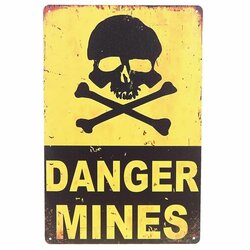 Plechová cedulka DANGER MINES žlutá