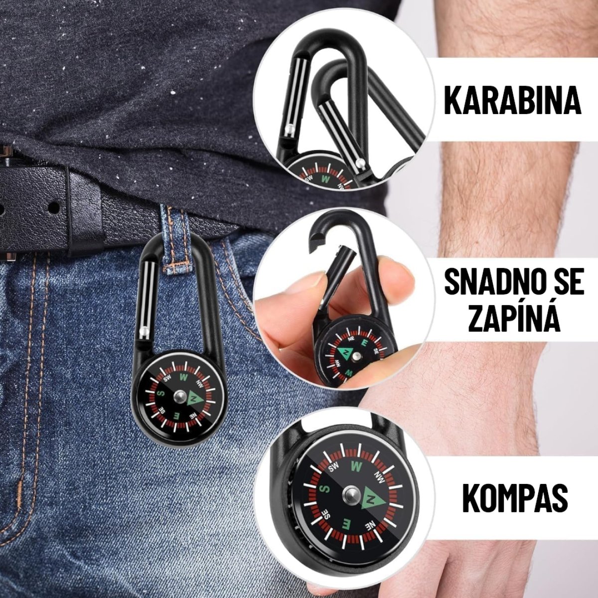 Multifunkční karabina s kompasem a teploměrem 3v1